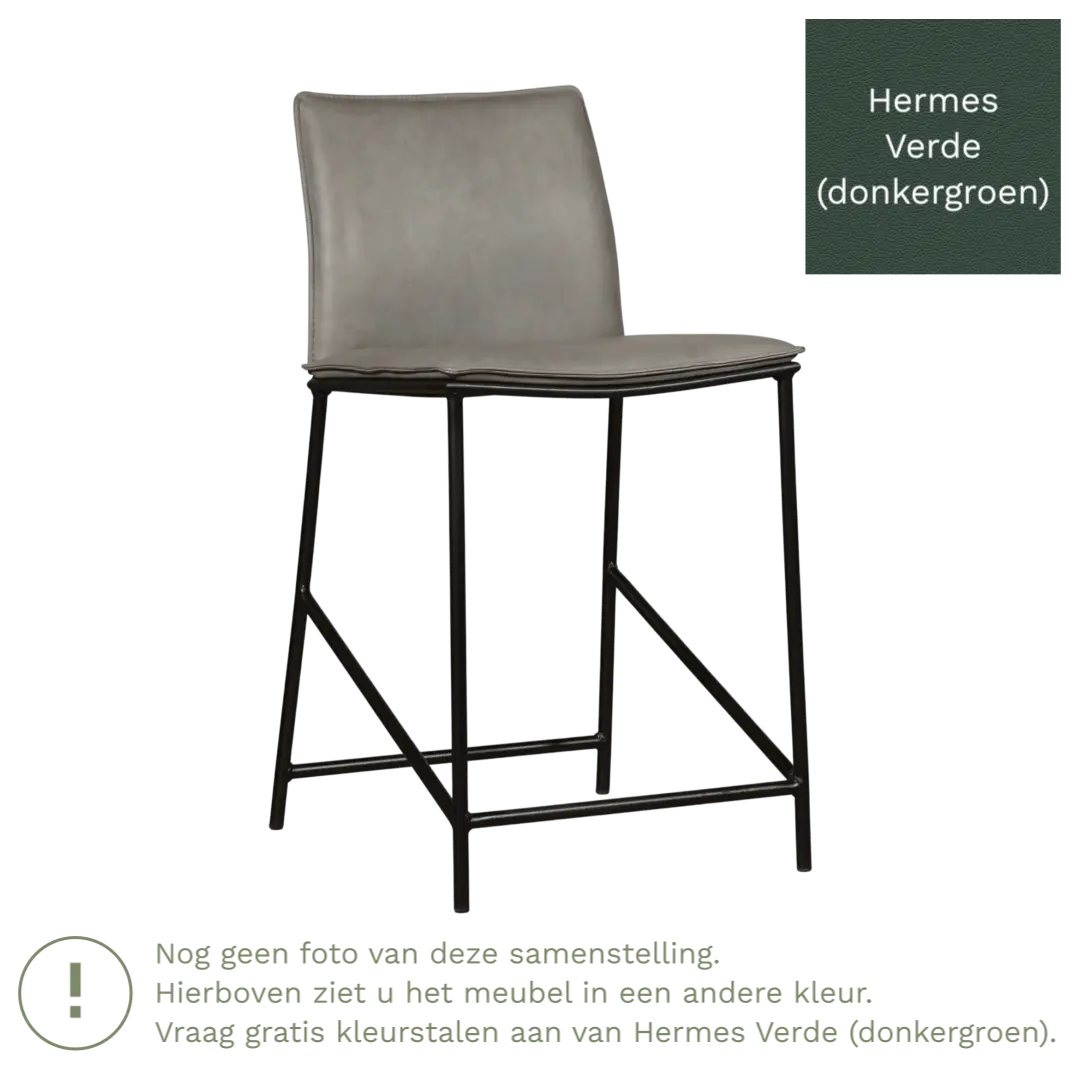 afbeelding van Leren barkruk laag Favor - Hermes Verde (donkergroen) - poten staal rond zwart